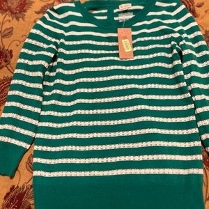 Cremieux Green and White Striped Sweater with gold button detail on back